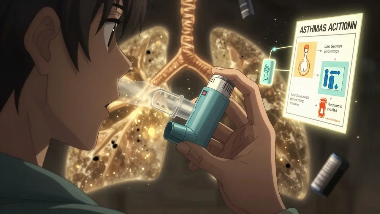 Close-up of correct inhaler technique with golden medicine entering lungs, old inhalers crumbling.