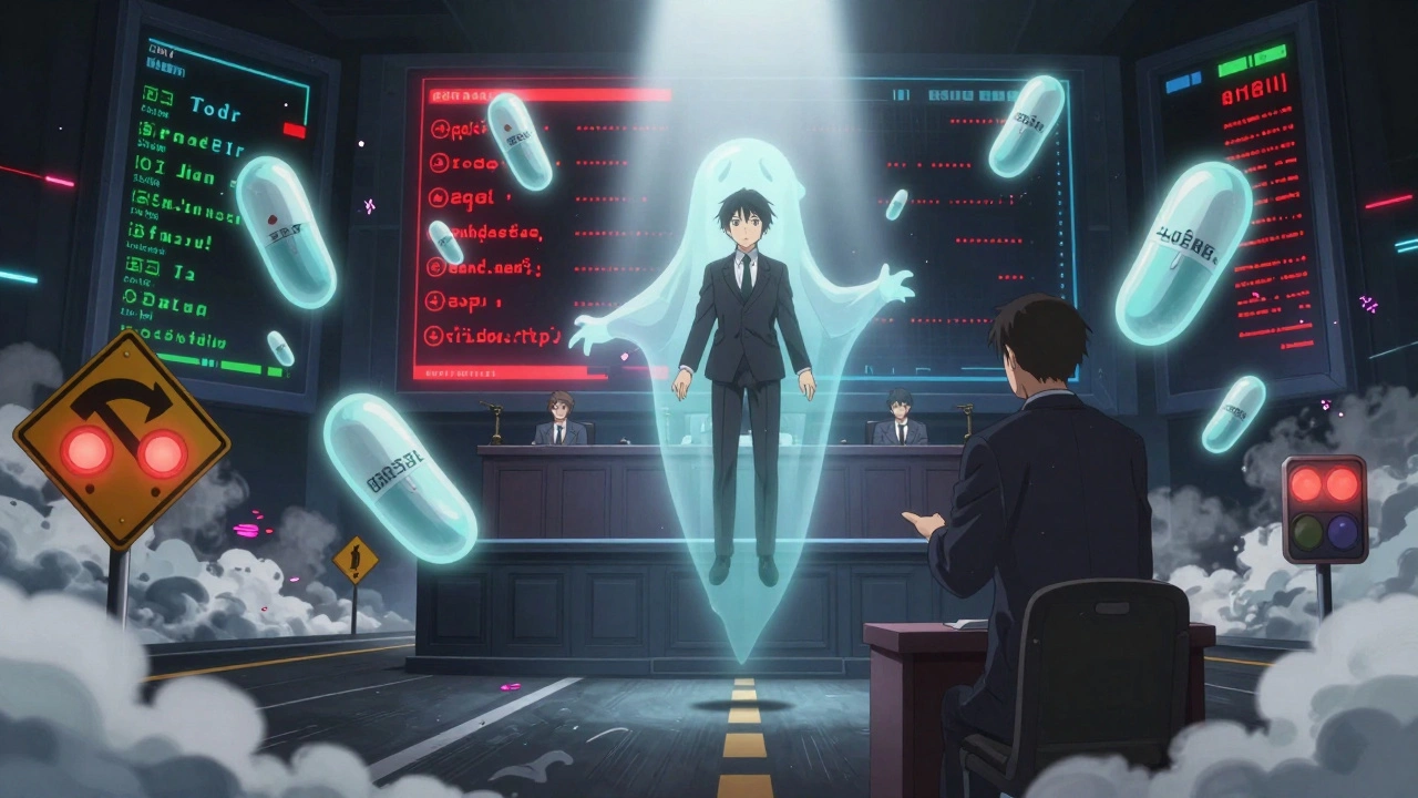 Defendant on trial surrounded by ghostly pills, judge made of road signs, biometric data flashing in the air.