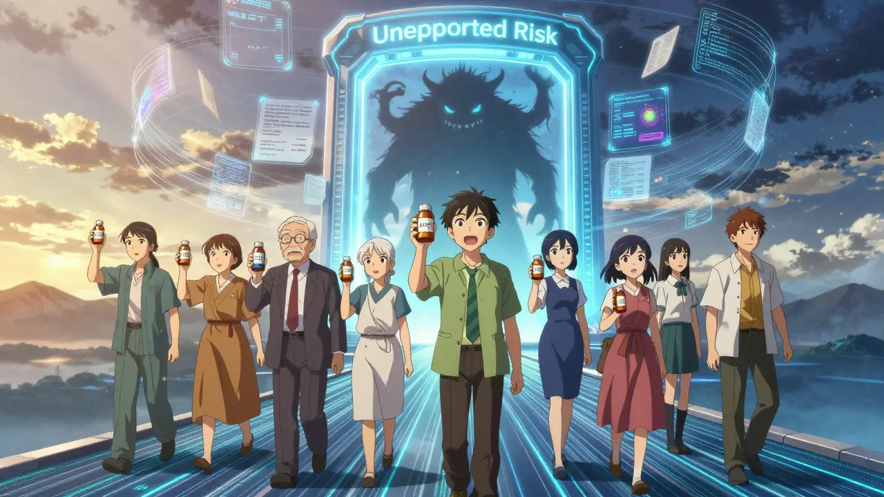 Diverse patients on a data bridge reaching toward a MedWatch portal as an unreported risk fades away.