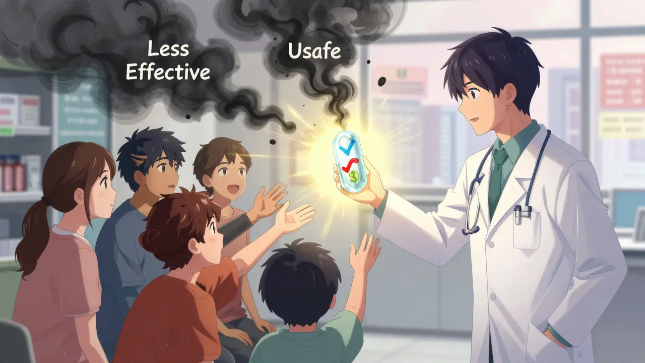 Doctor holds a glowing generic pill as patient misconceptions dissolve into light
