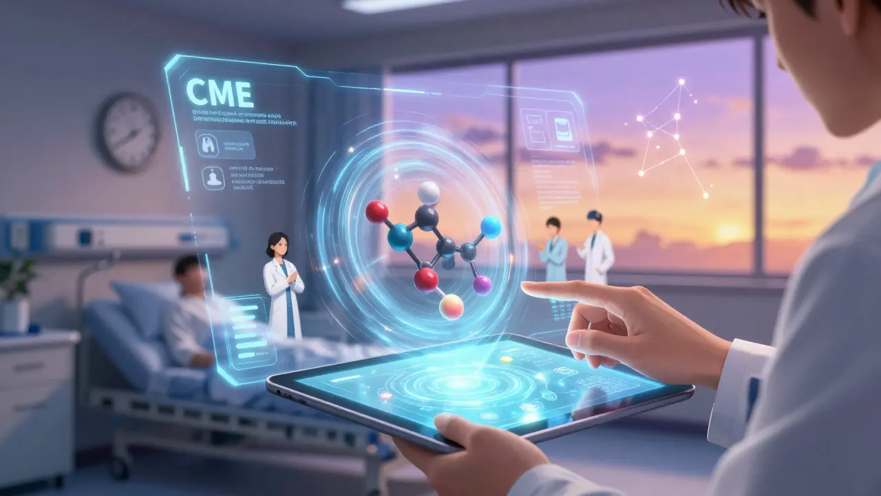 Doctor interacts with a holographic CME system showing generic drug equivalence in real time