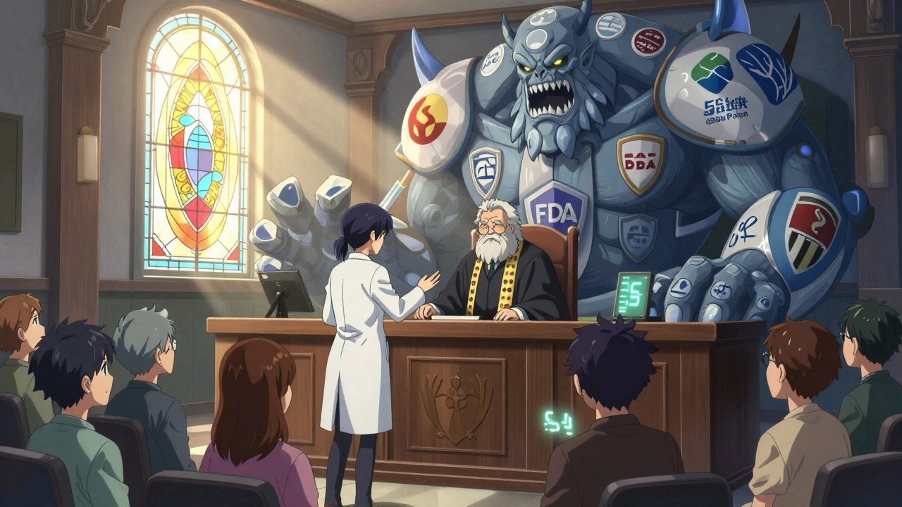 Doctor stands trial against a giant corporate drug monster in a surreal courtroom lit by therapeutic equivalence stained glass.