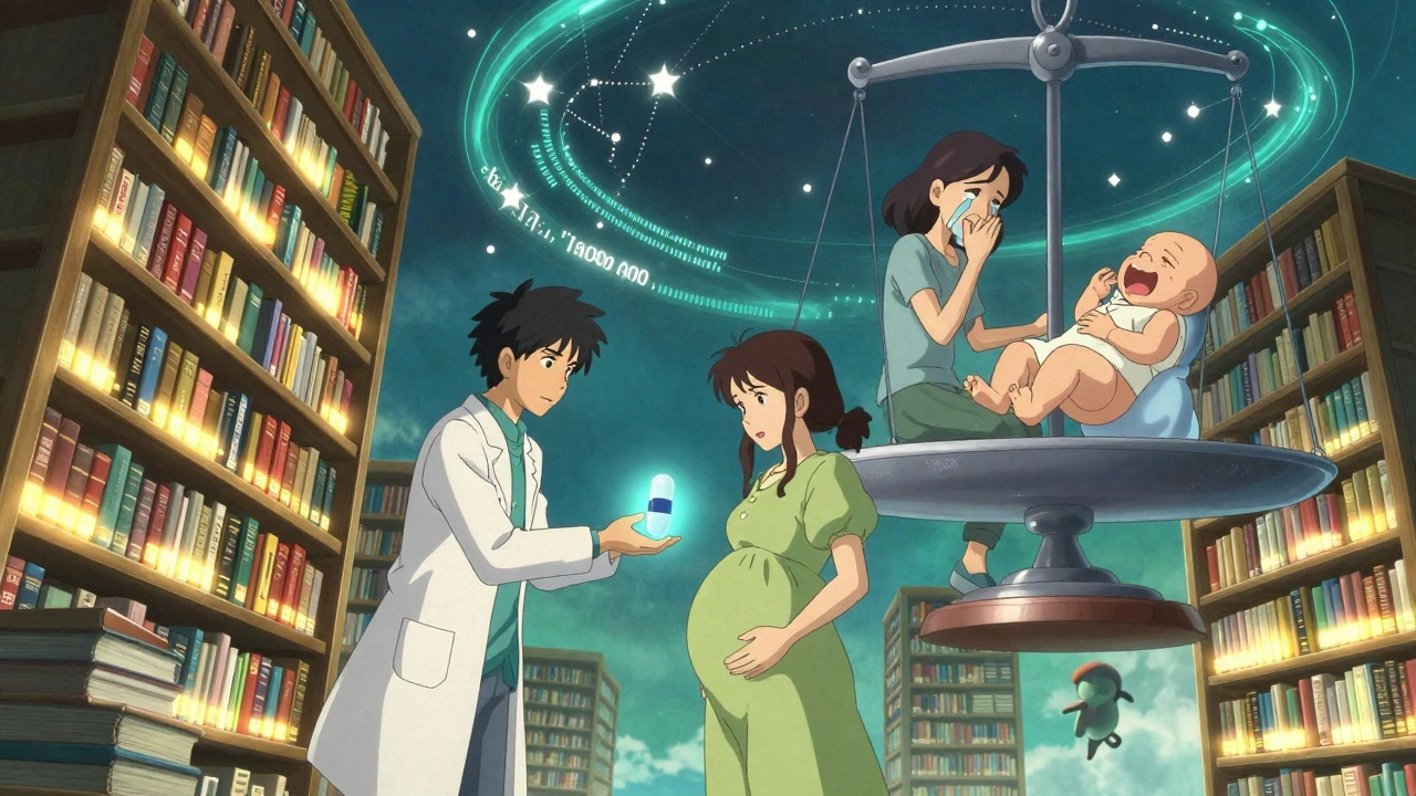 Floating medical library with glowing books and a doctor handing a capsule to a pregnant woman, representing research-backed treatment.
