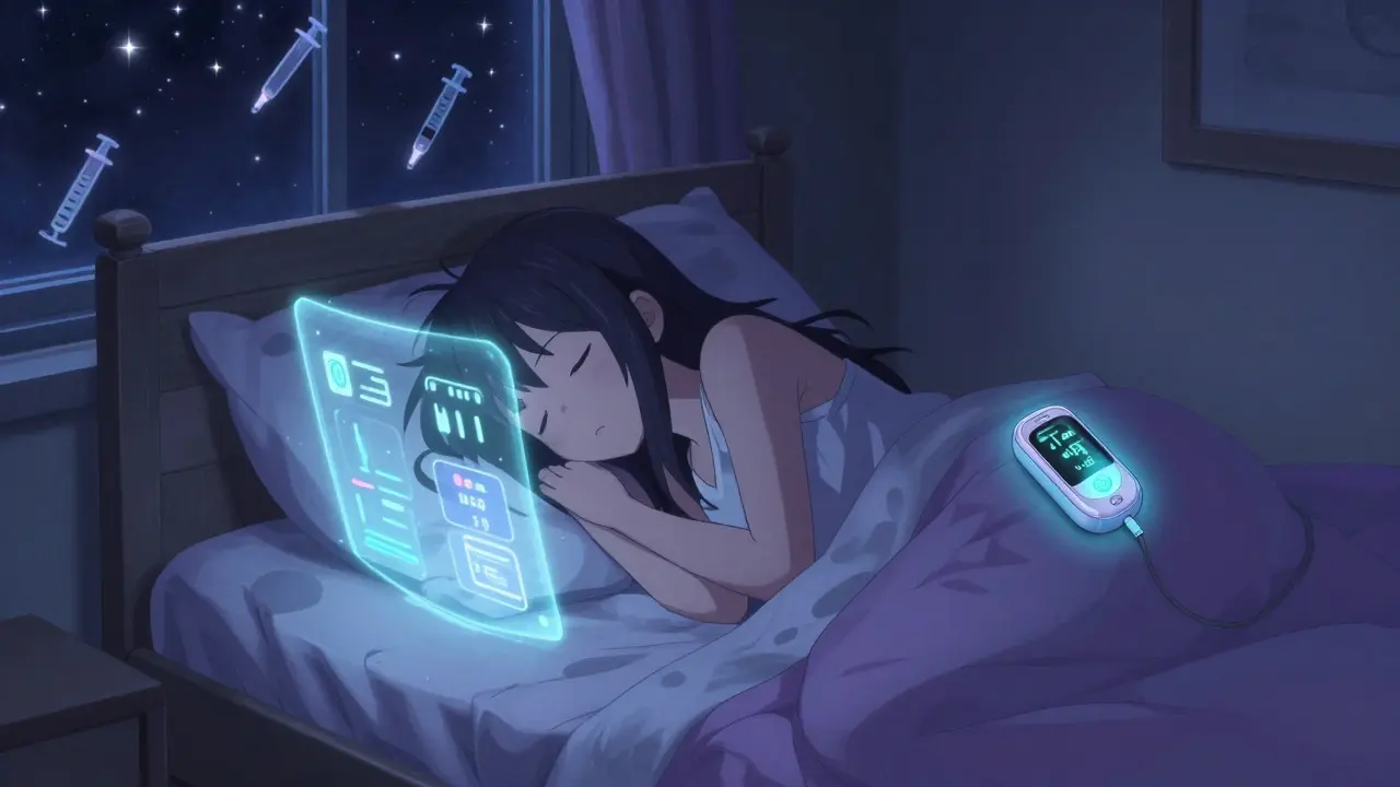 Girl sleeps peacefully as holographic glucose readings and a glowing pump protect her at night.