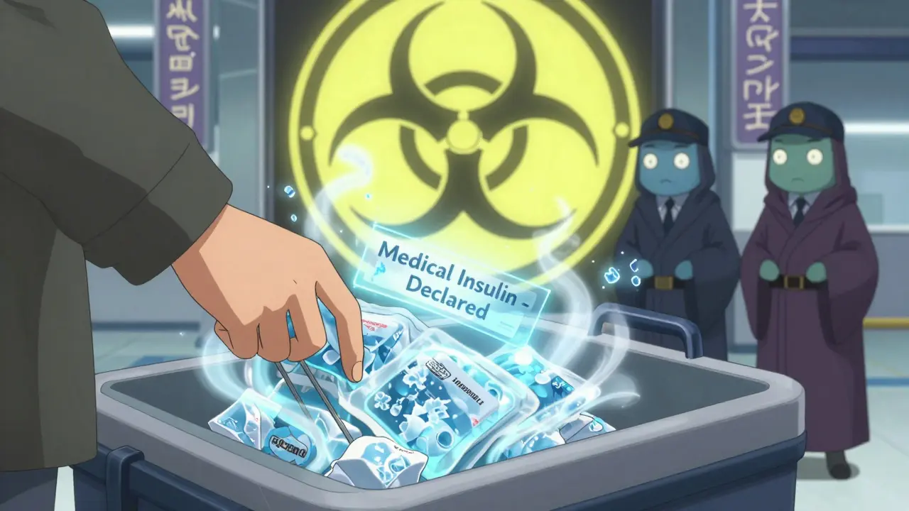 Hand placing a cool blue-aura cooler with ice packs into security bin, holographic label visible