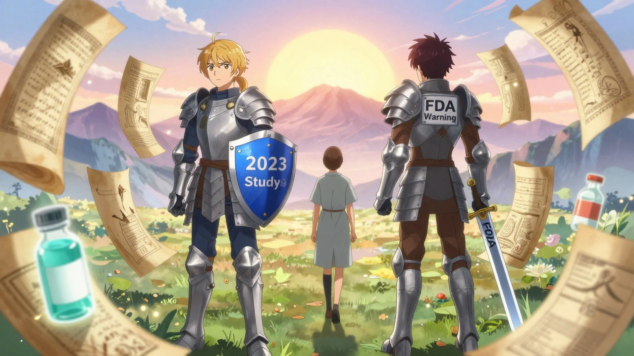 Medicine warriors reconcile in a dreamlike council under a sunrise, symbolizing safe antibiotic use.