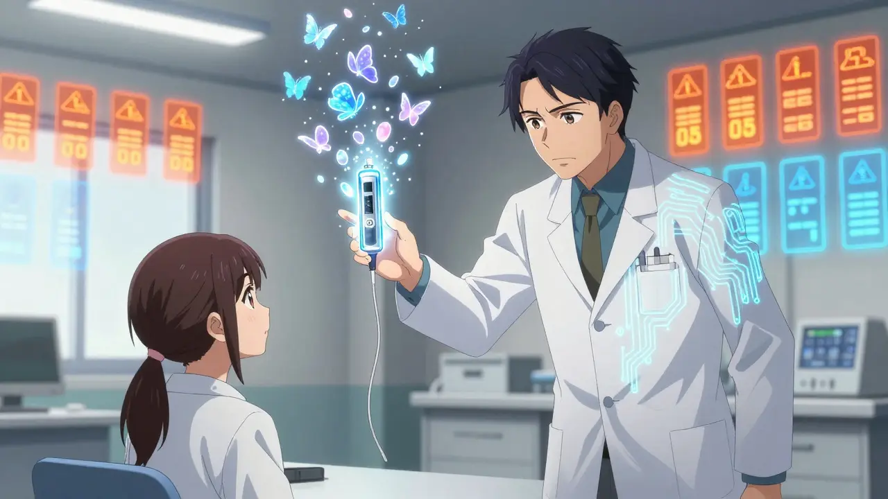 New user learns to use a crystalline insulin pump guided by a mentor in a glowing training room.