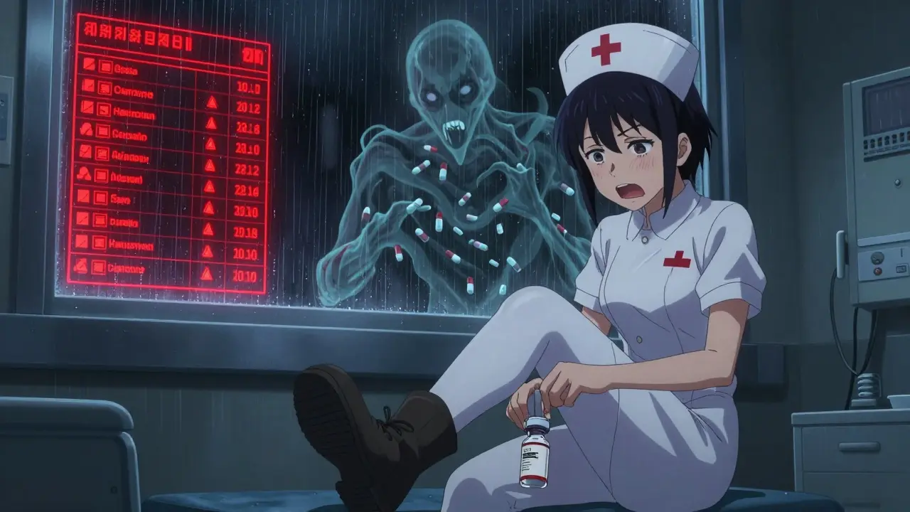 Nurse hiding a drug vial in her boot as a ghostly prescription spirit watches behind her in a dim hospital room.