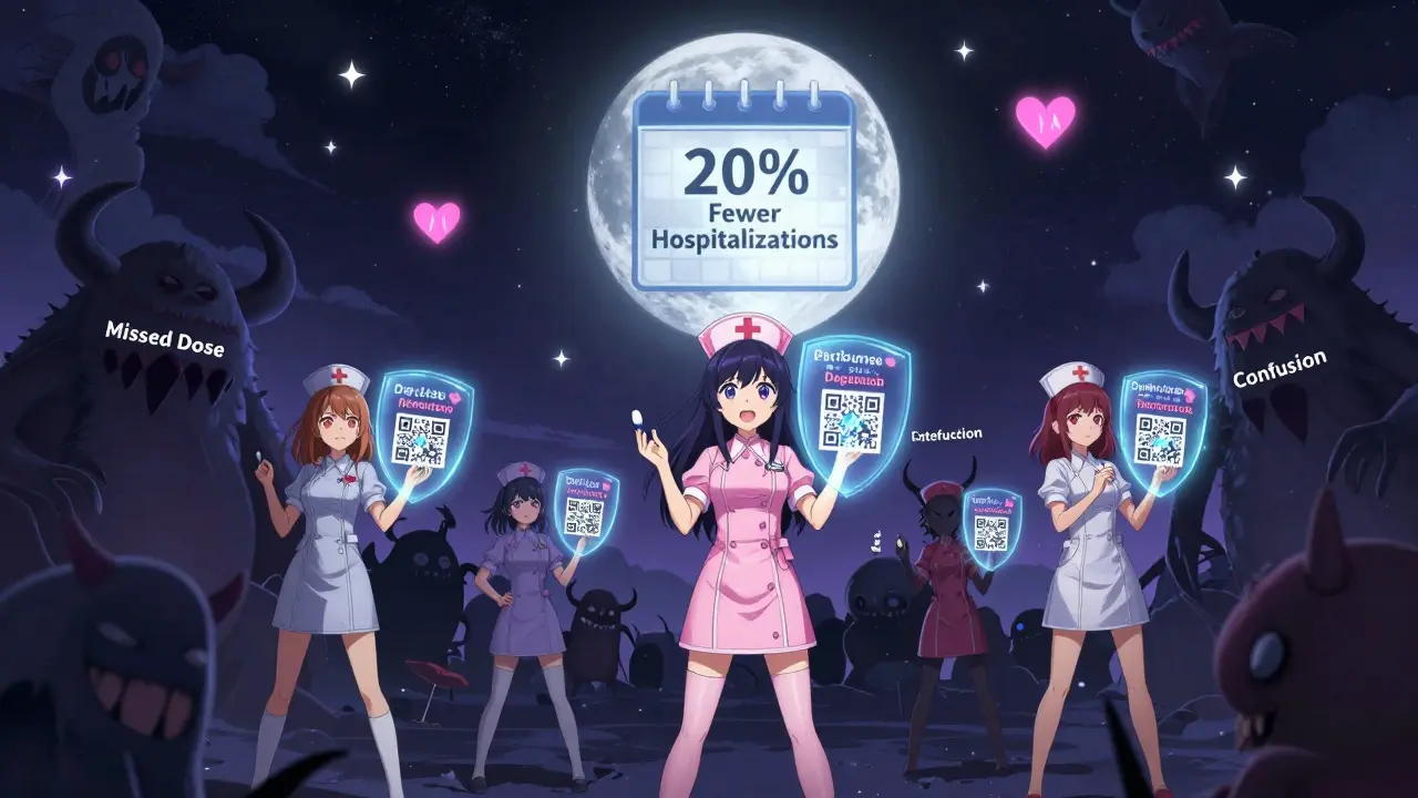 Nurse warriors battle medication hazards with glowing organizers and QR-code shields under a calendar-shaped moon.