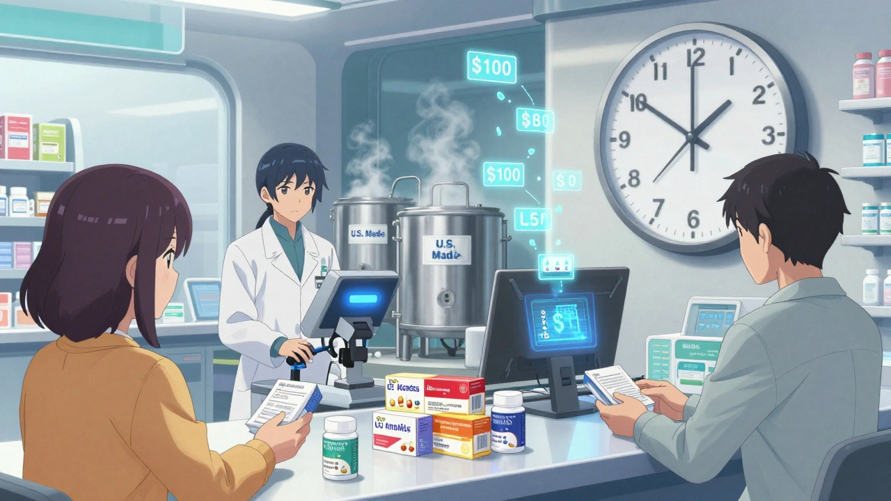Patients choose between branded and generic pills at a futuristic pharmacy with falling prices.