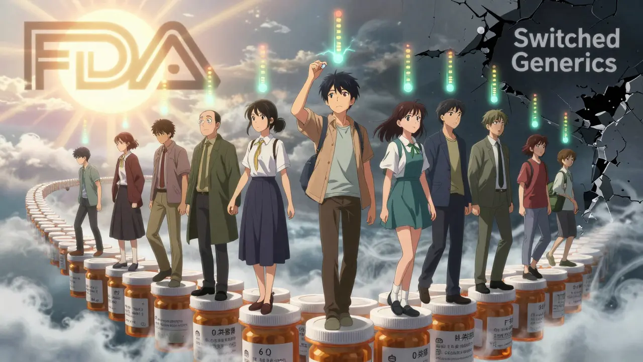 Patients walking on a bridge of prescription bottles, one hesitating as health indicators glow above them.