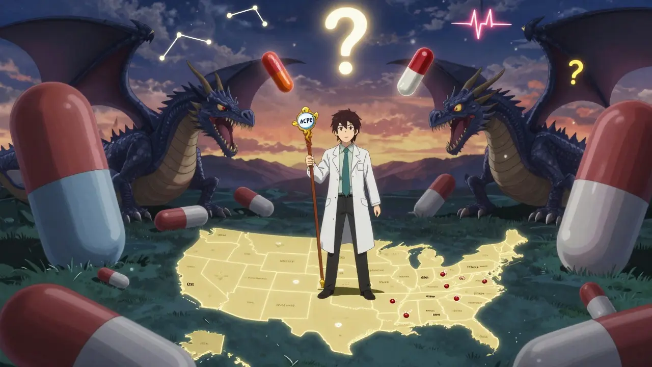 Pharmacist in a fantasy battle using wisdom to transform dangerous generic pills into safe ones.