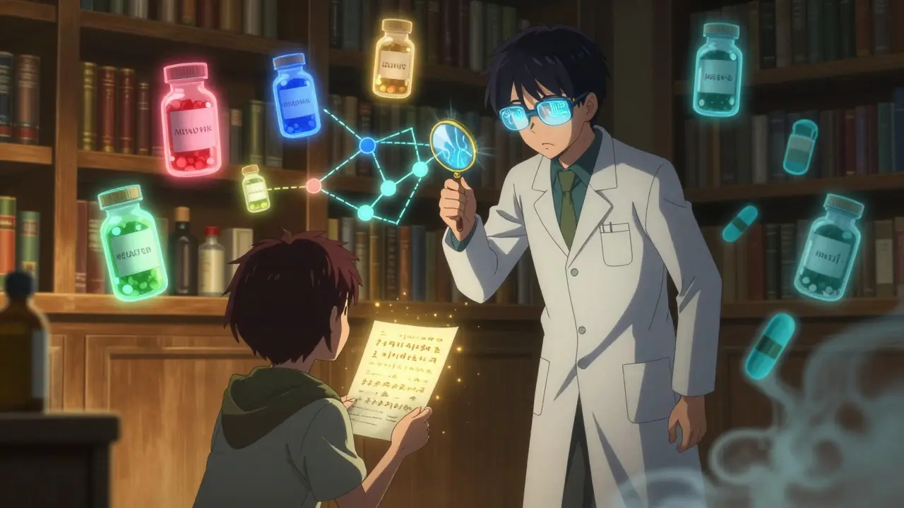 Pharmacist in a magical library using a glowing magnifying glass to reveal dangerous supplement interactions.