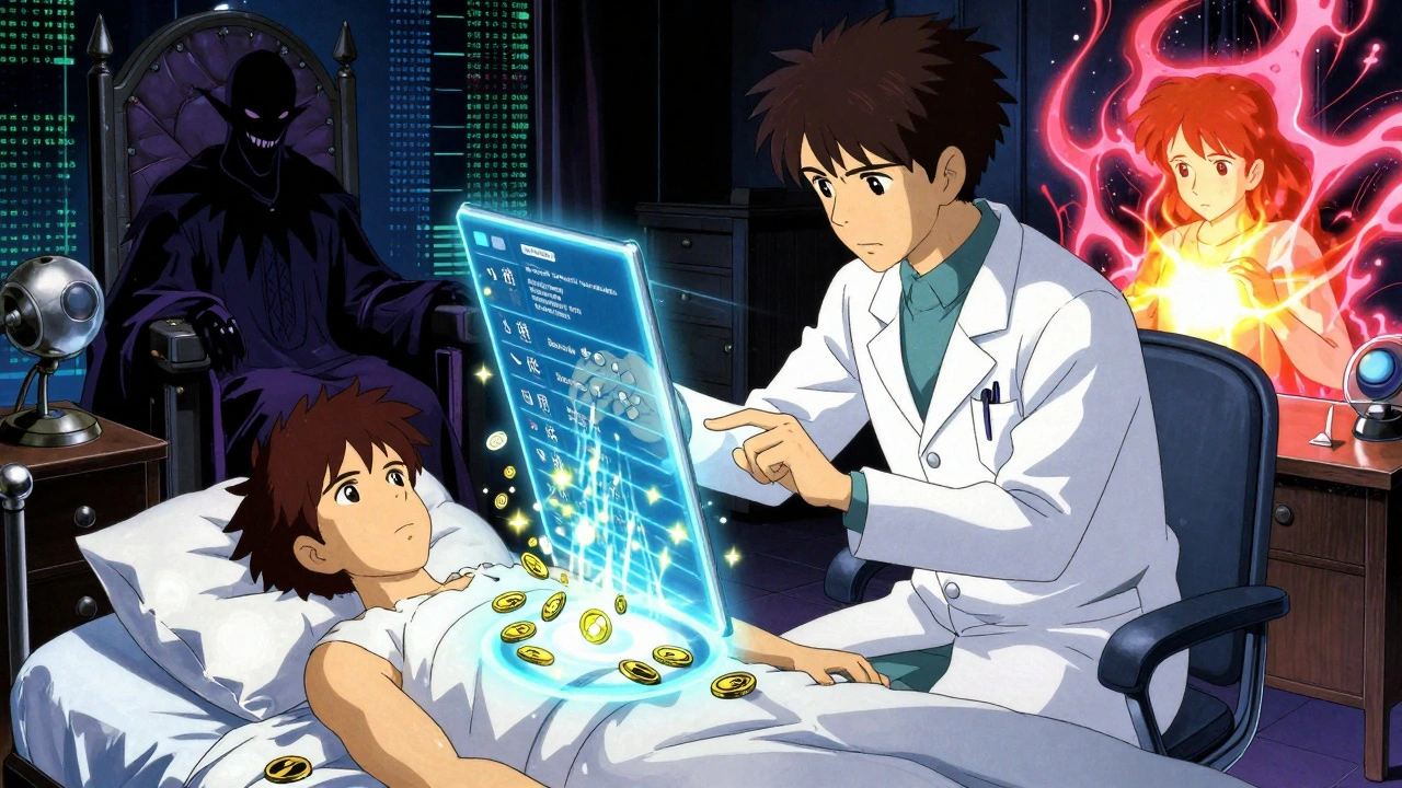 Physician uses a magical e-prescribing spellbook that releases healing sparks when prescribing generics.