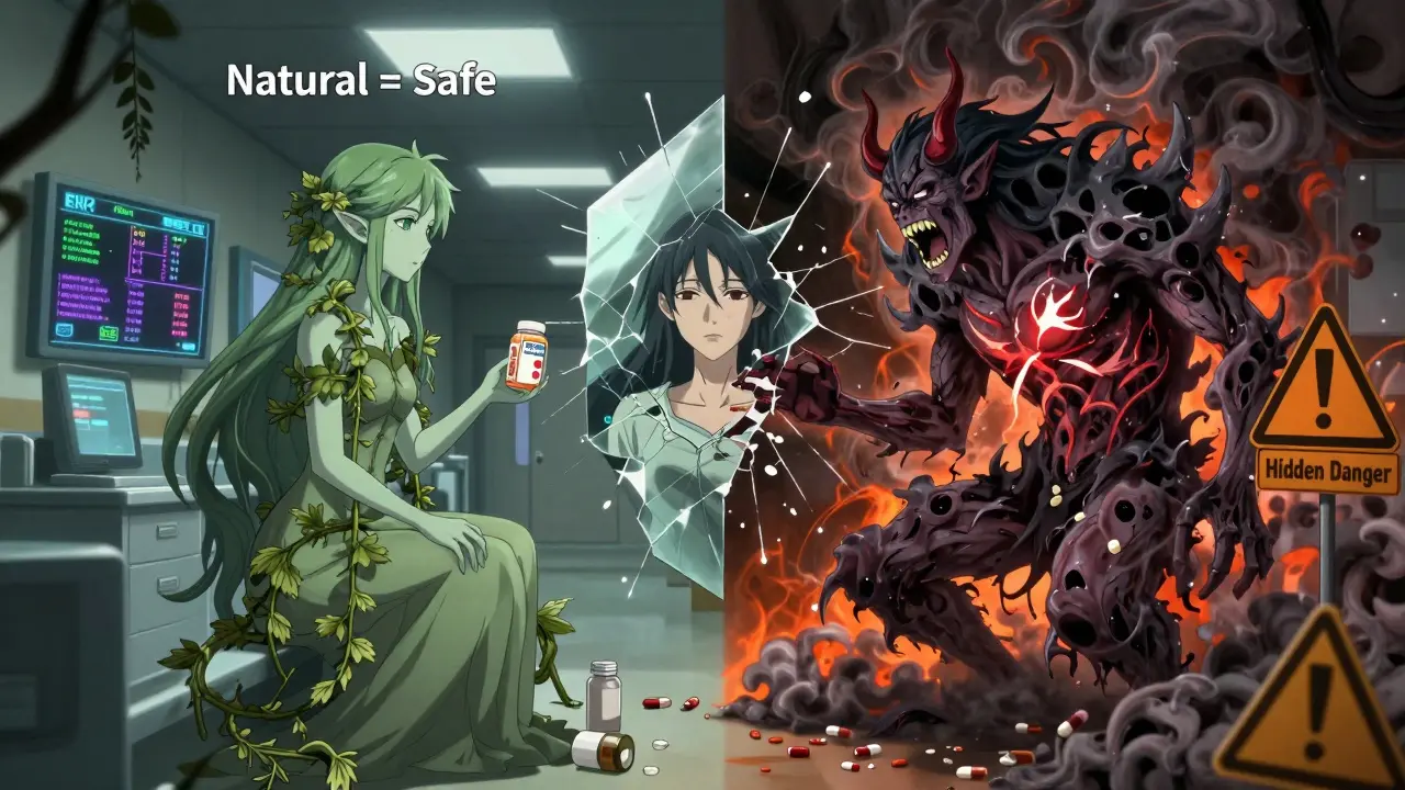 Spectral battle between 'Natural = Safe' and 'Hidden Danger' with a patient caught between them in anime style.