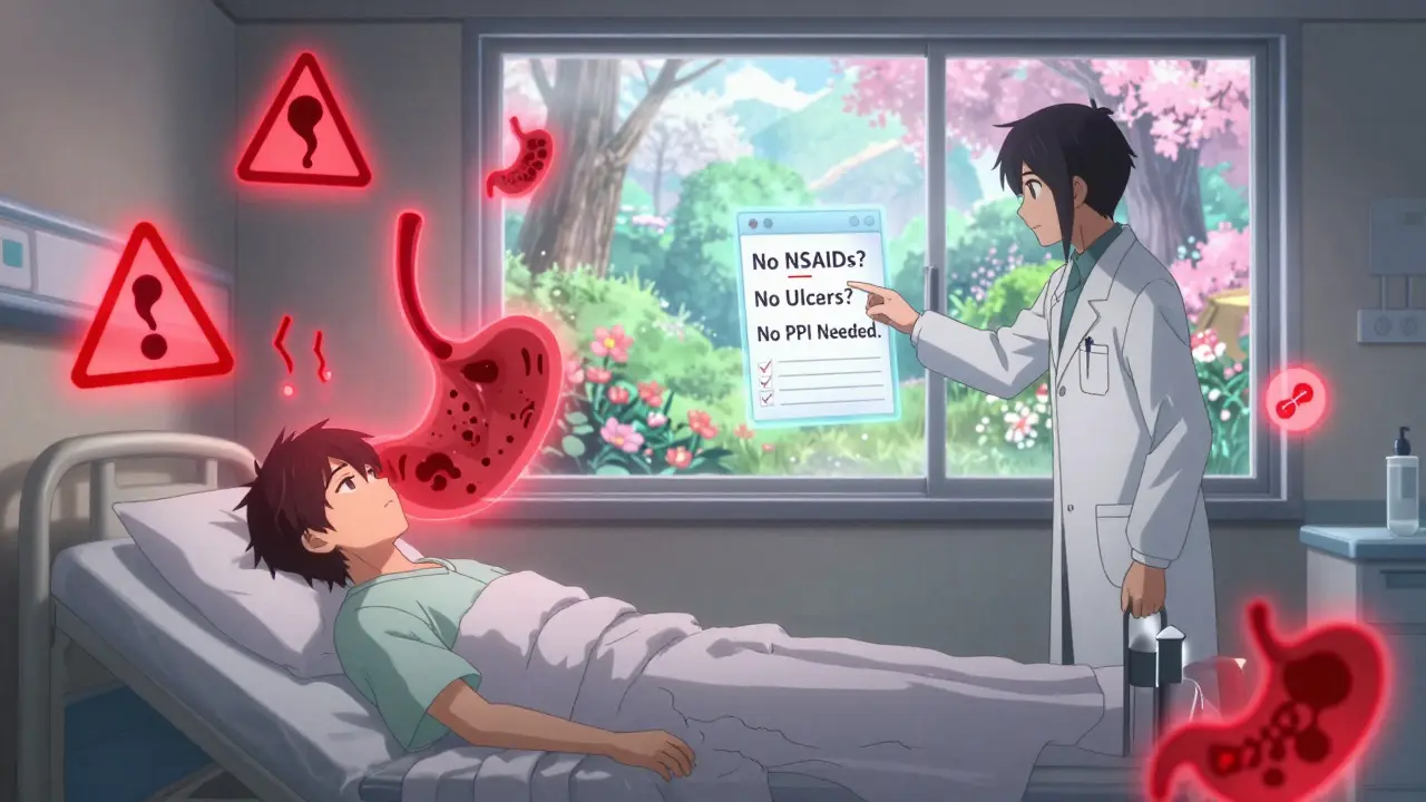 Spectral warning signs float above a hospital patient as a healthy stomach forest blooms outside the window in anime medical style.
