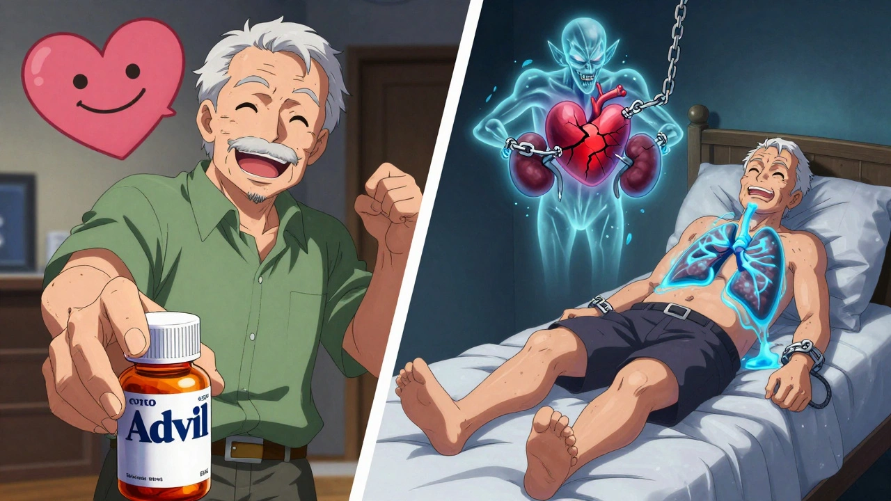 Split scene: a man reaching for painkillers vs. the same man swollen and weak, with a demonic NSAID figure attacking his kidneys in anime style.