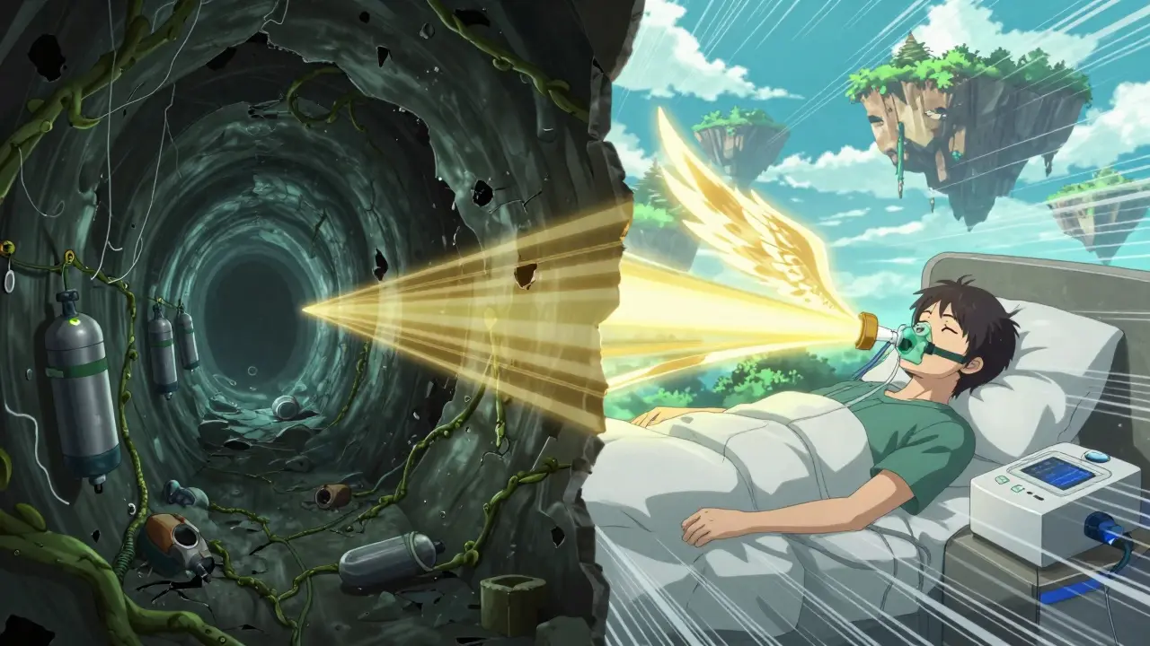 Split scene: one side shows a collapsing airway with failing oxygen tanks, the other shows golden air pressure beams restoring breath and peace.