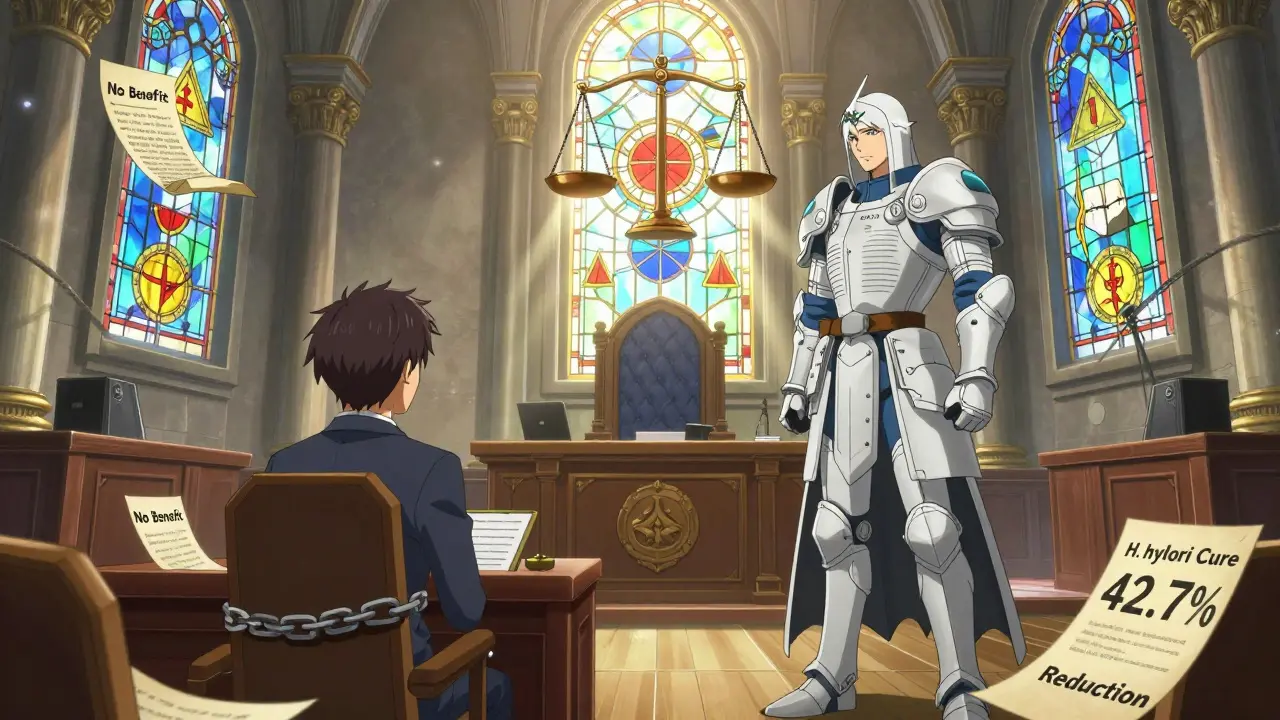 The villain 'Routine PPI' is on trial inside a human body courtroom, defeated by clinical evidence in isekai anime style.