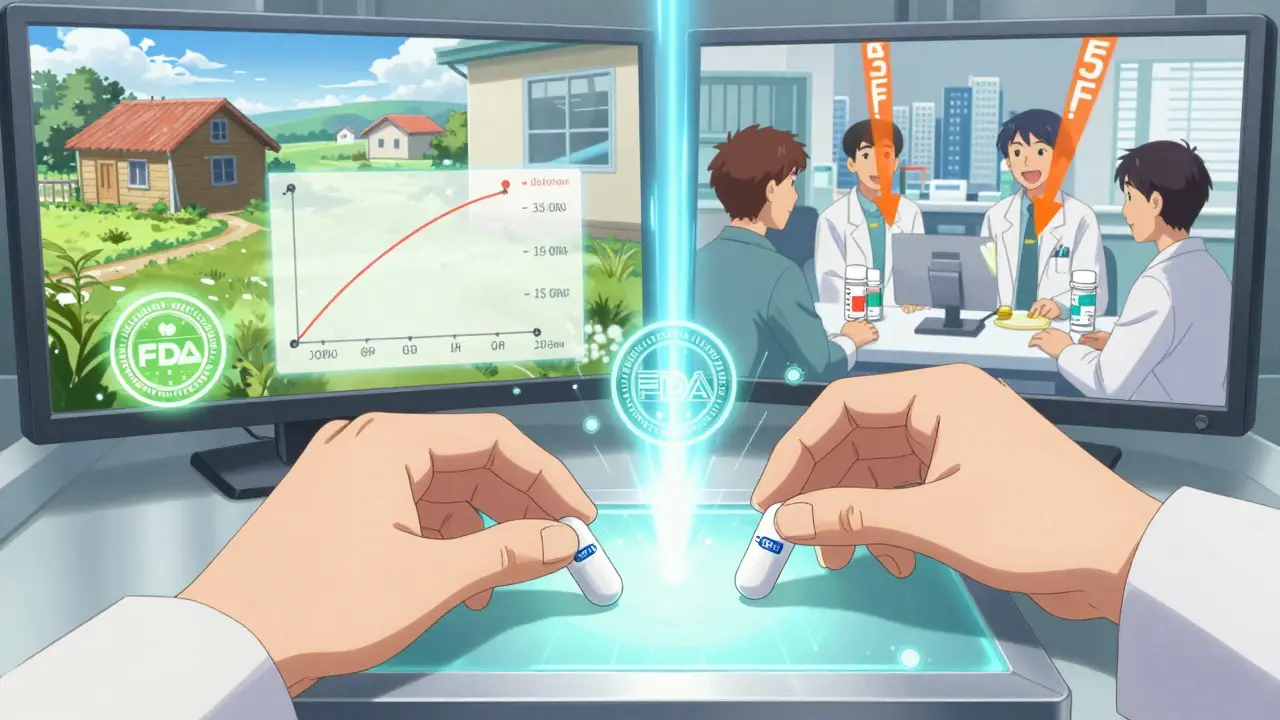 Two identical pills on a glowing table, with animated diagrams showing equal absorption and FDA approval symbols.