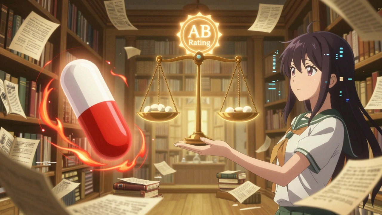 Two pills float side by side with energy trails showing identical absorption, balanced under a glowing AB rating seal.