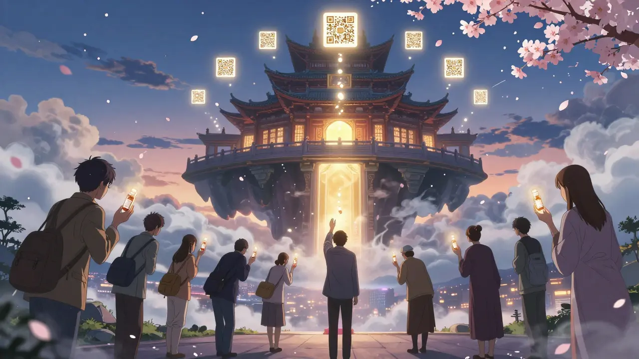 A celestial drug disposal temple with pills ascending into a golden portal under cherry blossoms.