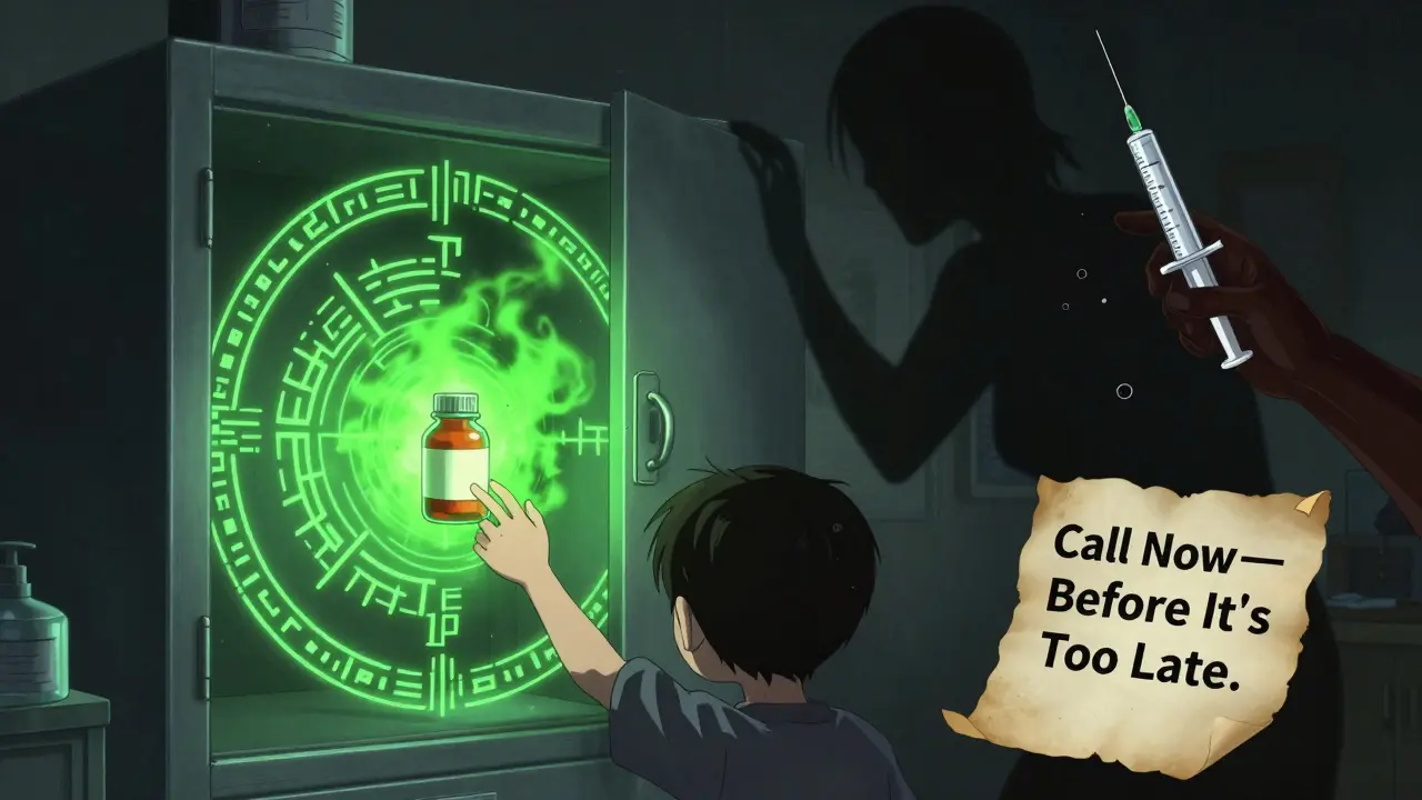 A child reaches for a vitamin bottle emitting green mist from a locked cabinet, while a parent holds naloxone nearby.