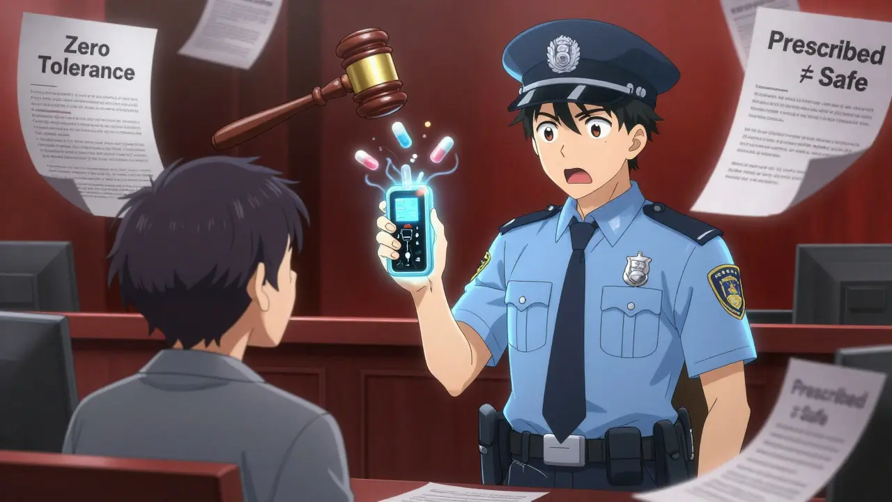 A courtroom scene with a police officer holding a glowing device emitting opioid molecules, legal scrolls floating in the background.