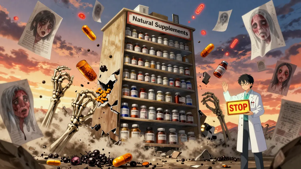 A crumbling supplement shelf with capsules turning into skeletal hands grabbing blood thinner bottles, a doctor holding a warning sign.