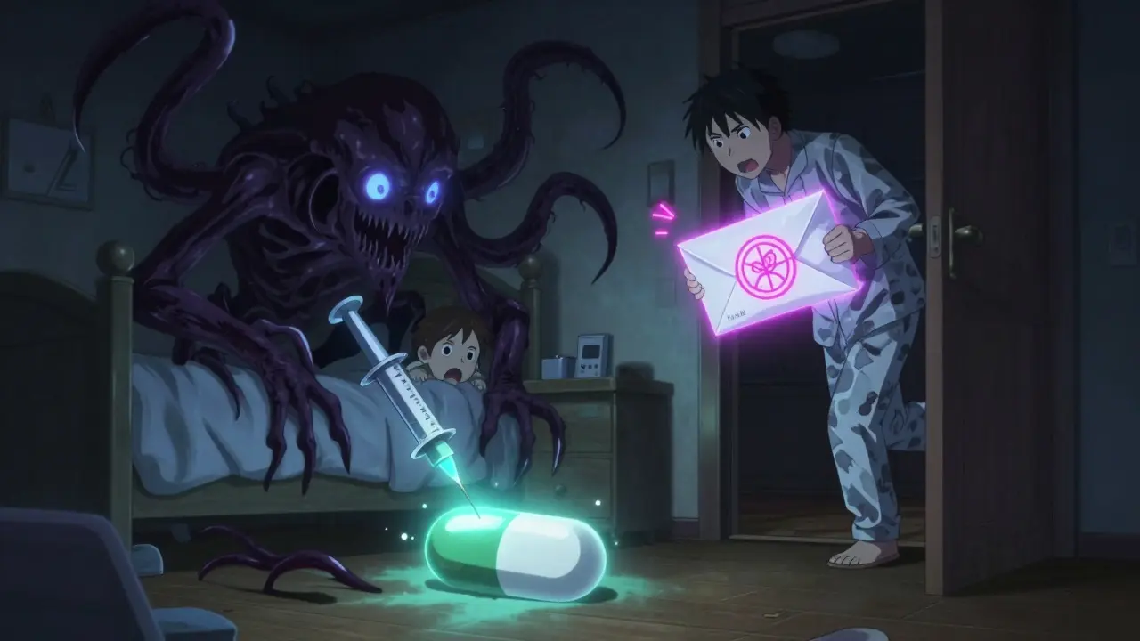 A dangerous pill turning into a monster as a child and parent react in a bedroom at night.