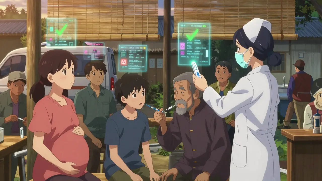 A diverse group receives rapid hepatitis tests in a rural clinic, holographic results glowing above them at dusk.