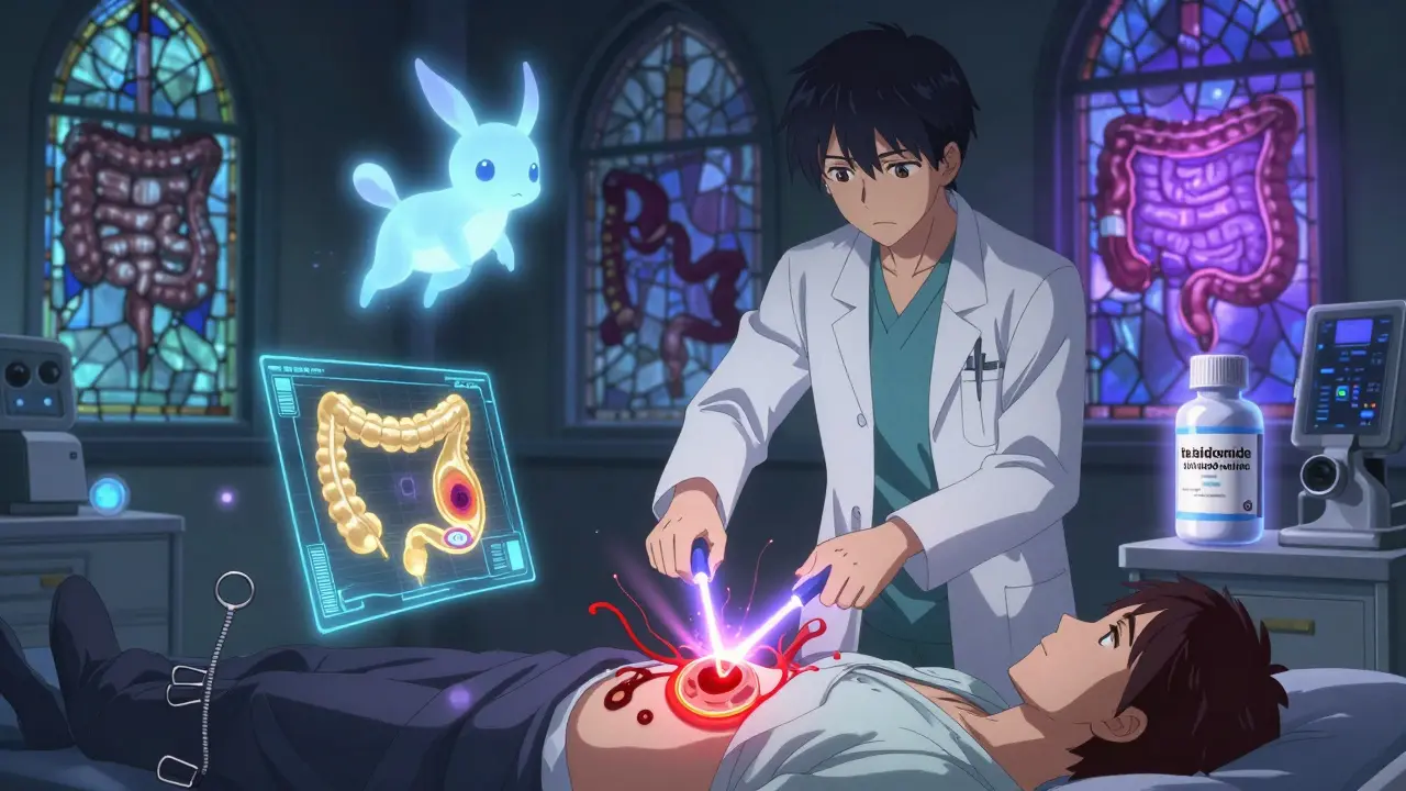 A doctor using argon plasma to seal a bleeding vessel, with AI overlays and glowing medical tools in the background.