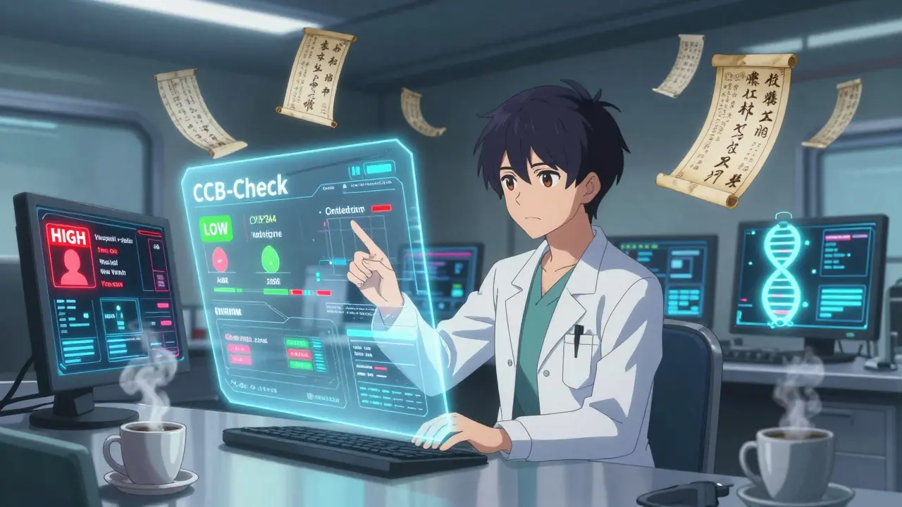 A doctor viewing holographic drug interaction risk scores in a futuristic hospital control room.