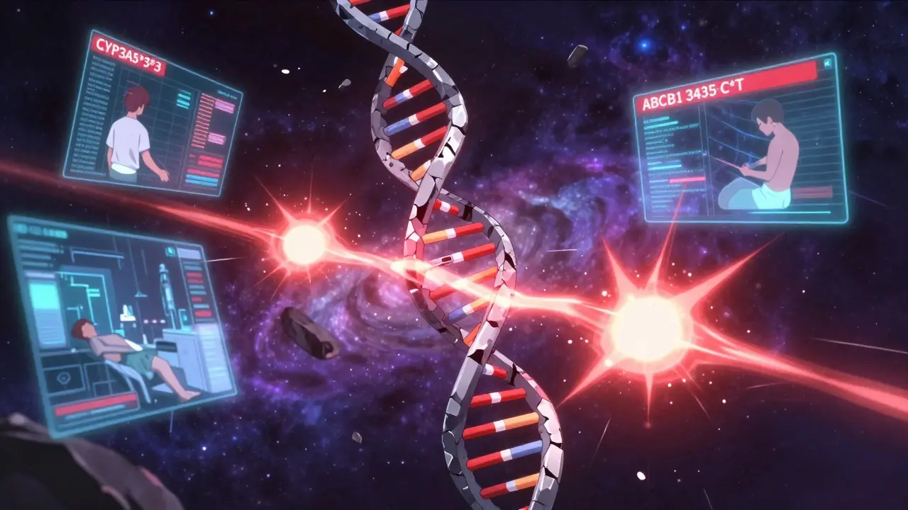 A fractured DNA helix with glowing gene variants exploding in space, surrounded by medical alerts and collapsing patient holograms.