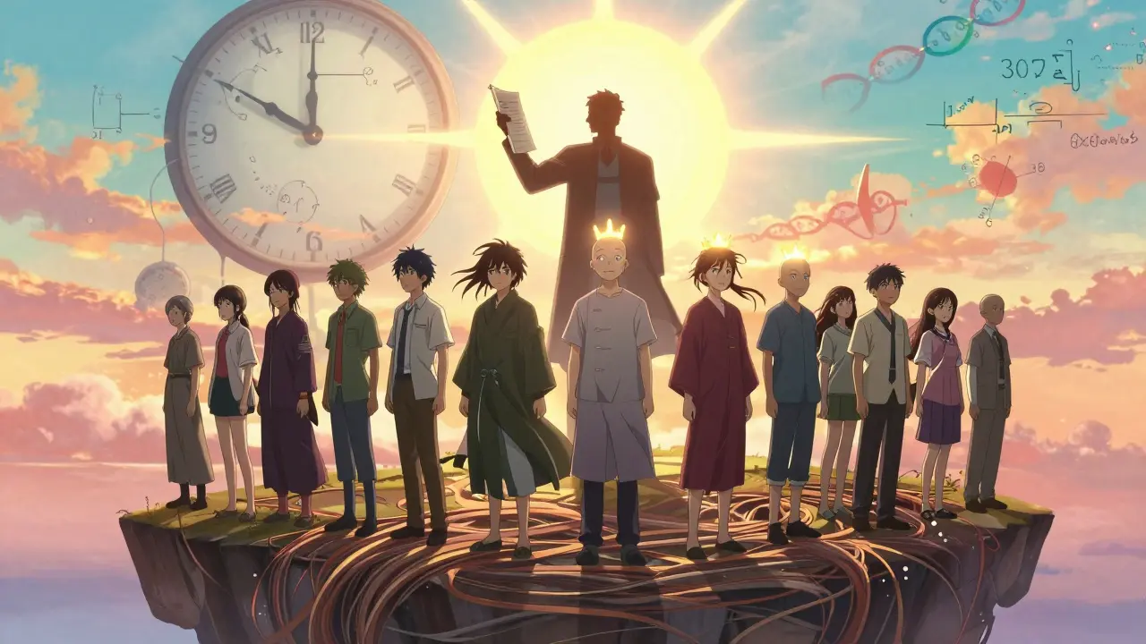 A group of people on a floating island of hair strands, some regrown, others bald but crowned with light, under a rising sun.