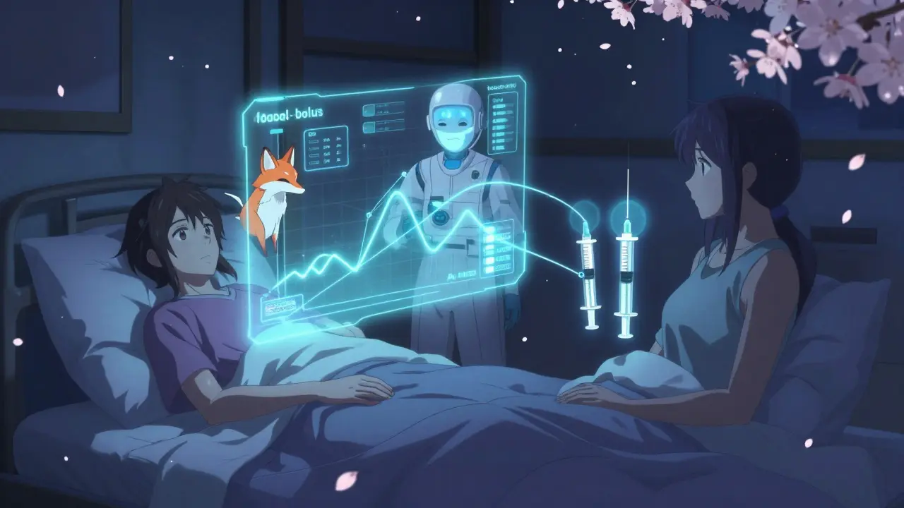 A holographic AI fox spirit projecting glucose trends over two users—one with floating doses, the other with fixed syringes at night.