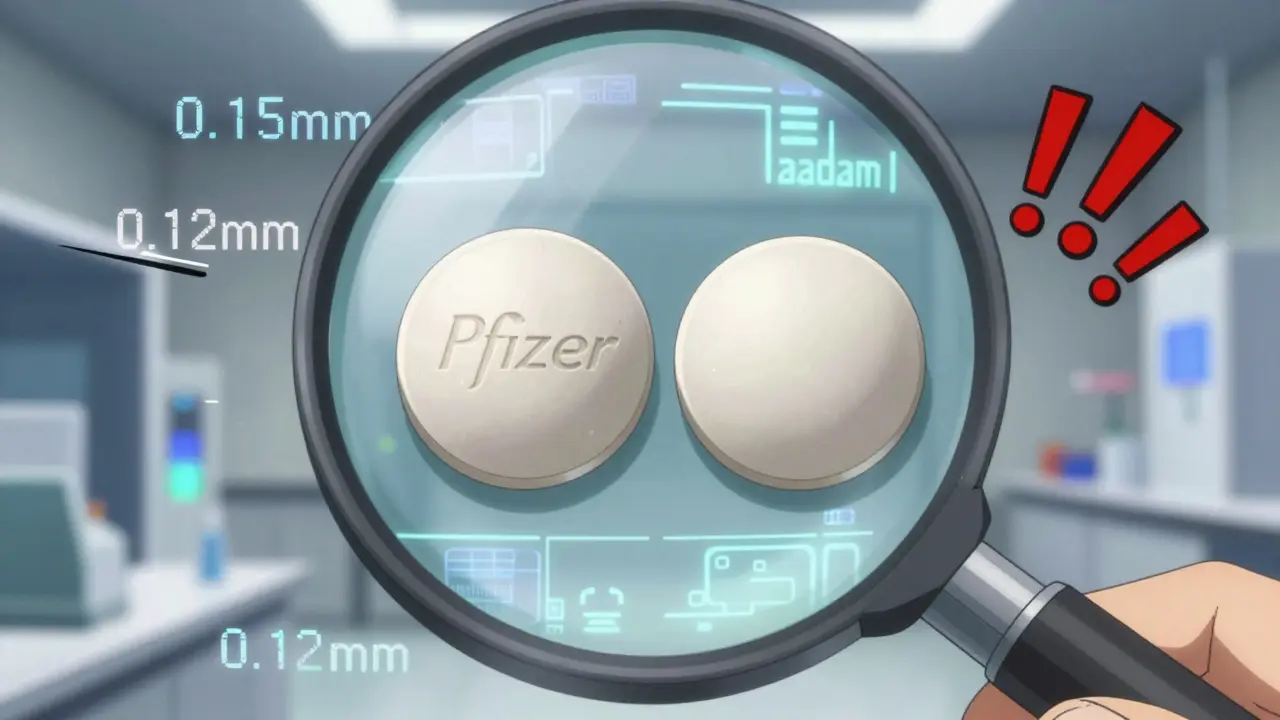 A magnified view of two pills side by side, one with clear microtext and proper imprint depth, the other flawed.