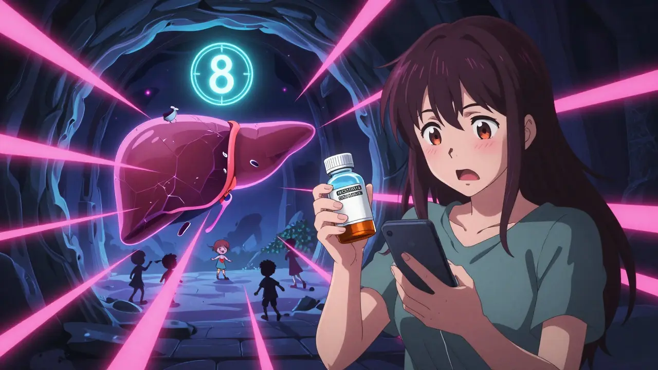 A mother holds an empty medicine bottle as a glowing countdown timer appears above a crumbling liver in a surreal portal.