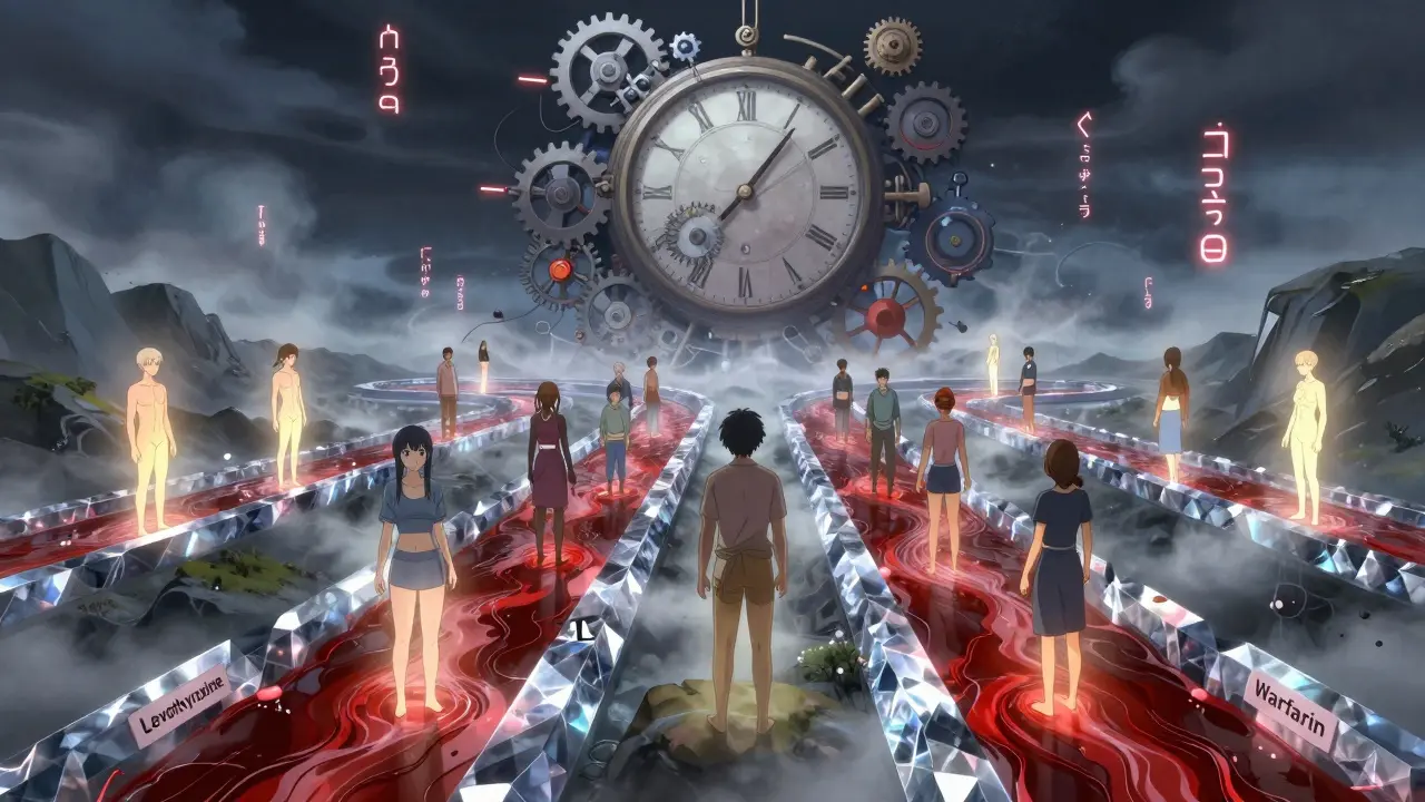 A mystical landscape of drug metabolism with patient heartbeats syncing to molecular gears.