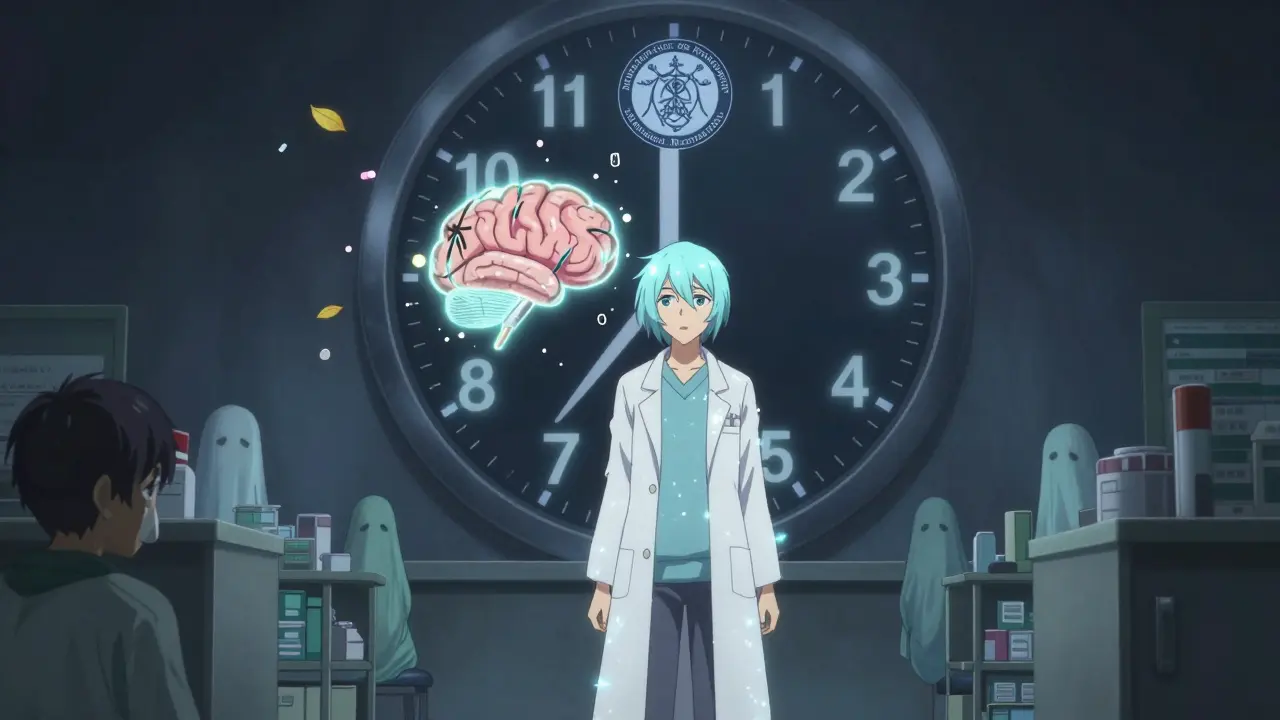 A neurologist confronting epileptic seizures triggered by a switched generic pill, with milligram numbers and warning symbols floating around.