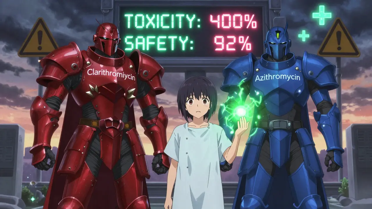 A patient caught between dangerous and safe antibiotics, represented as armored warriors with glowing toxicity and safety scores.