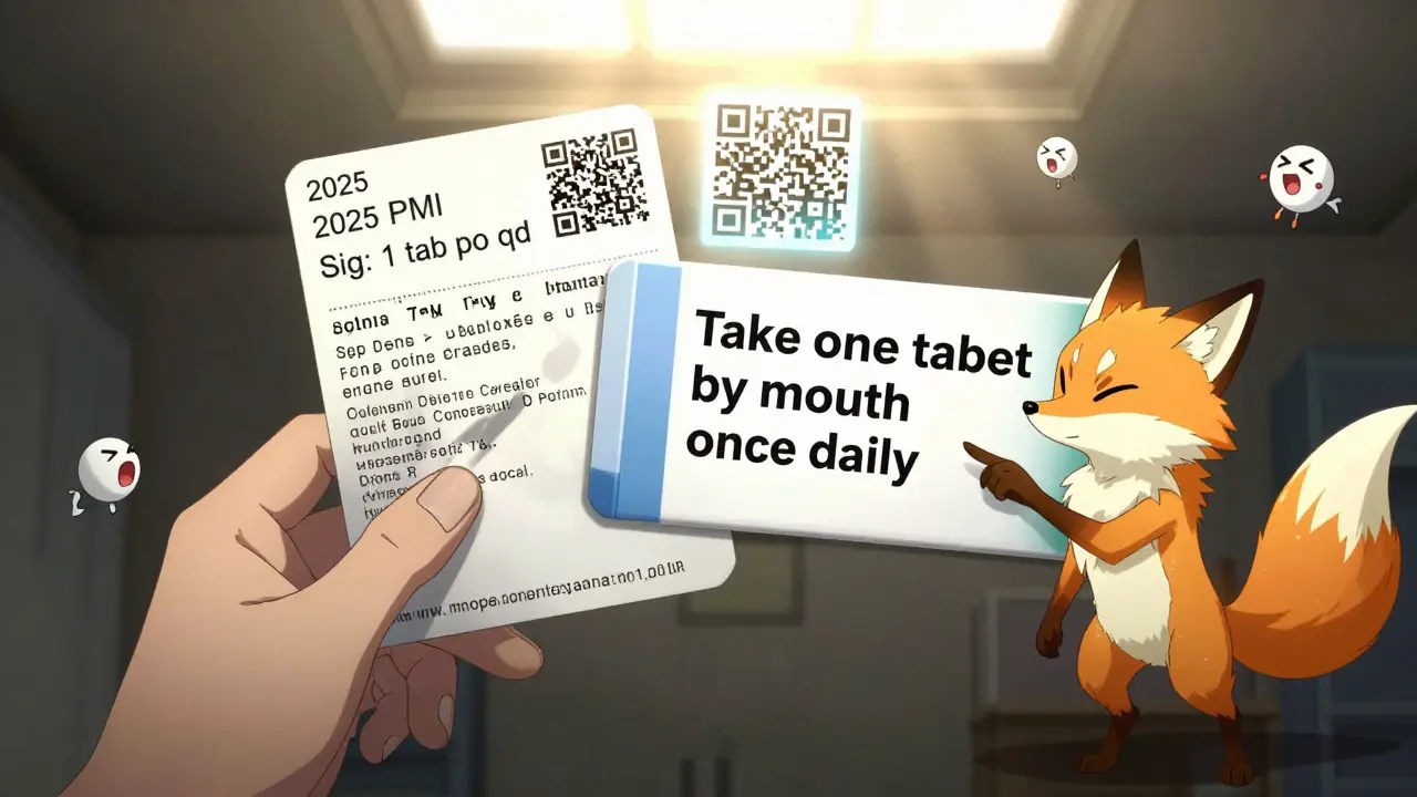 A patient comparing old and new prescription labels under a glowing 2025 PMI sunbeam, with a QR code floating above.