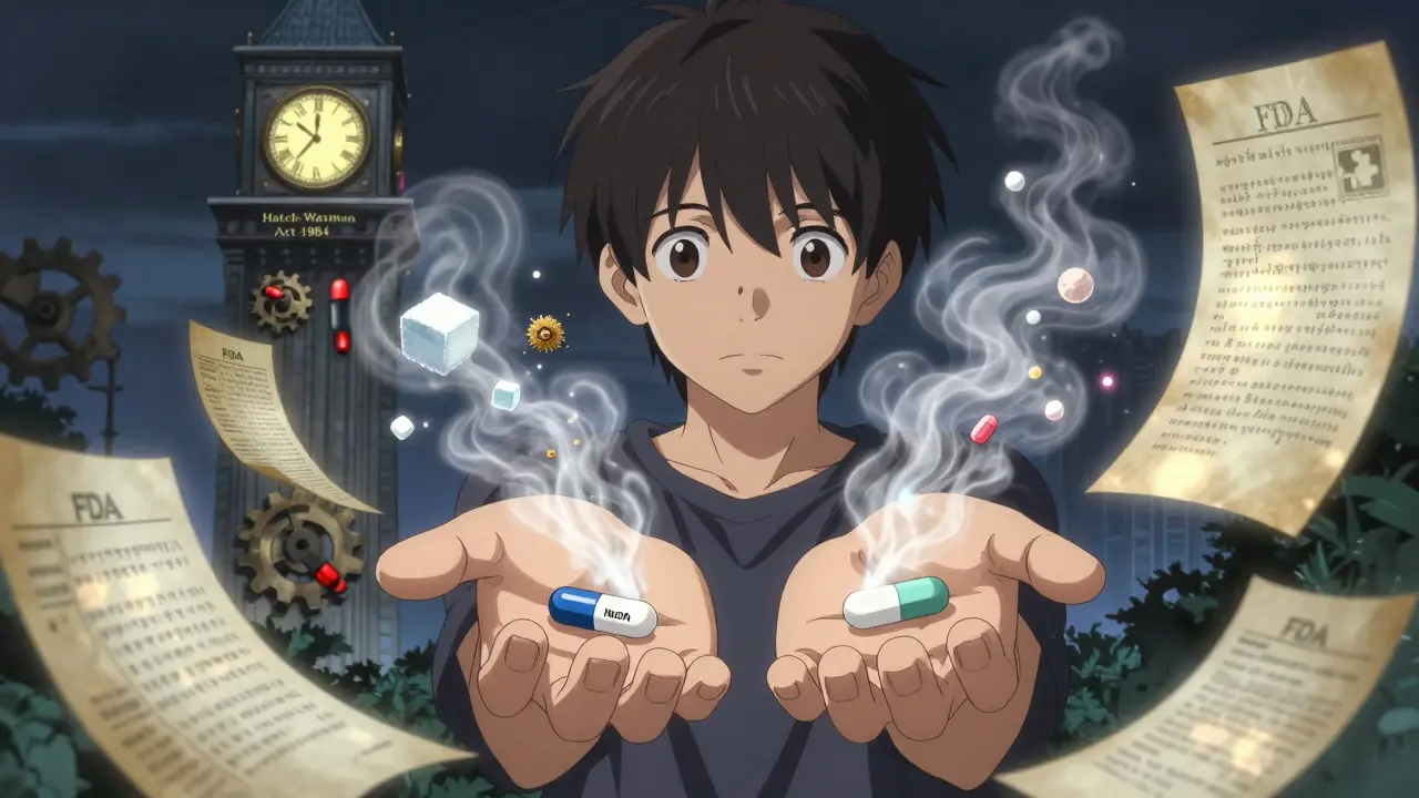A patient holding two identical pills as inactive ingredients dissipate from one but stay intact in the other, surrounded by ancient scrolls.