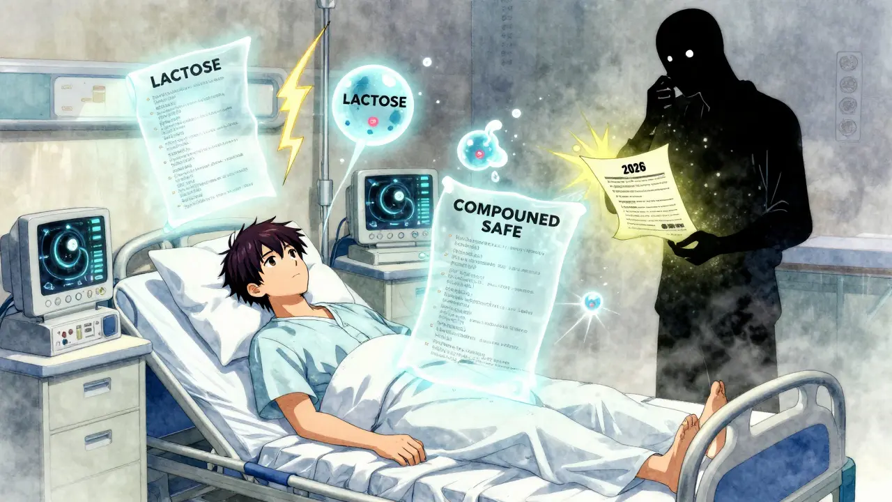 A patient in bed protected by a barrier of safe ingredients while allergens explode around them.