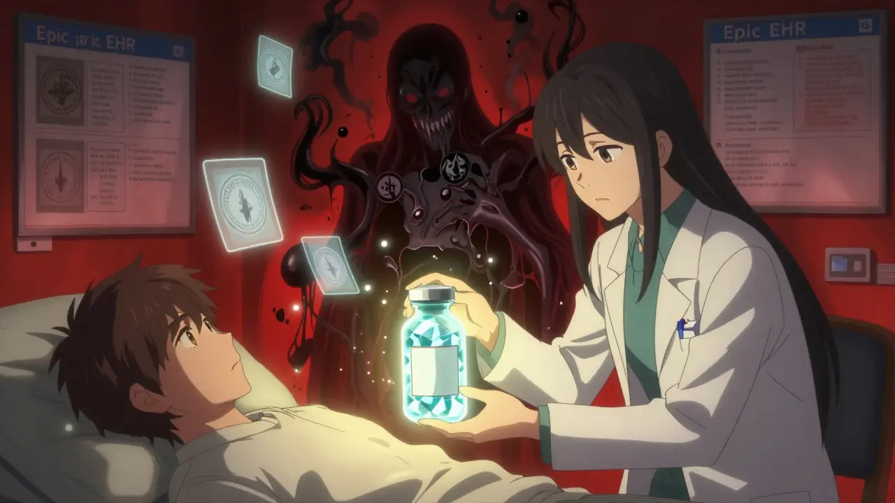 A patient receives a safe prescription from a spirit guide while counterfeit pills crumble away.