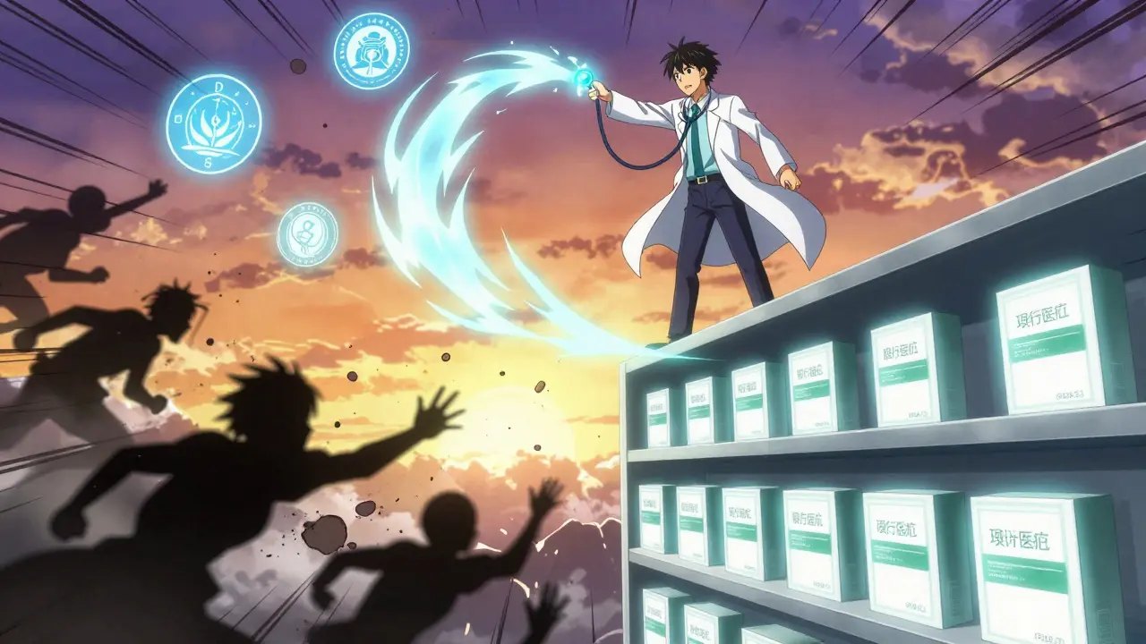 A pharmacist defeats unsafe generics with a protective light wave in a dramatic manga scene.