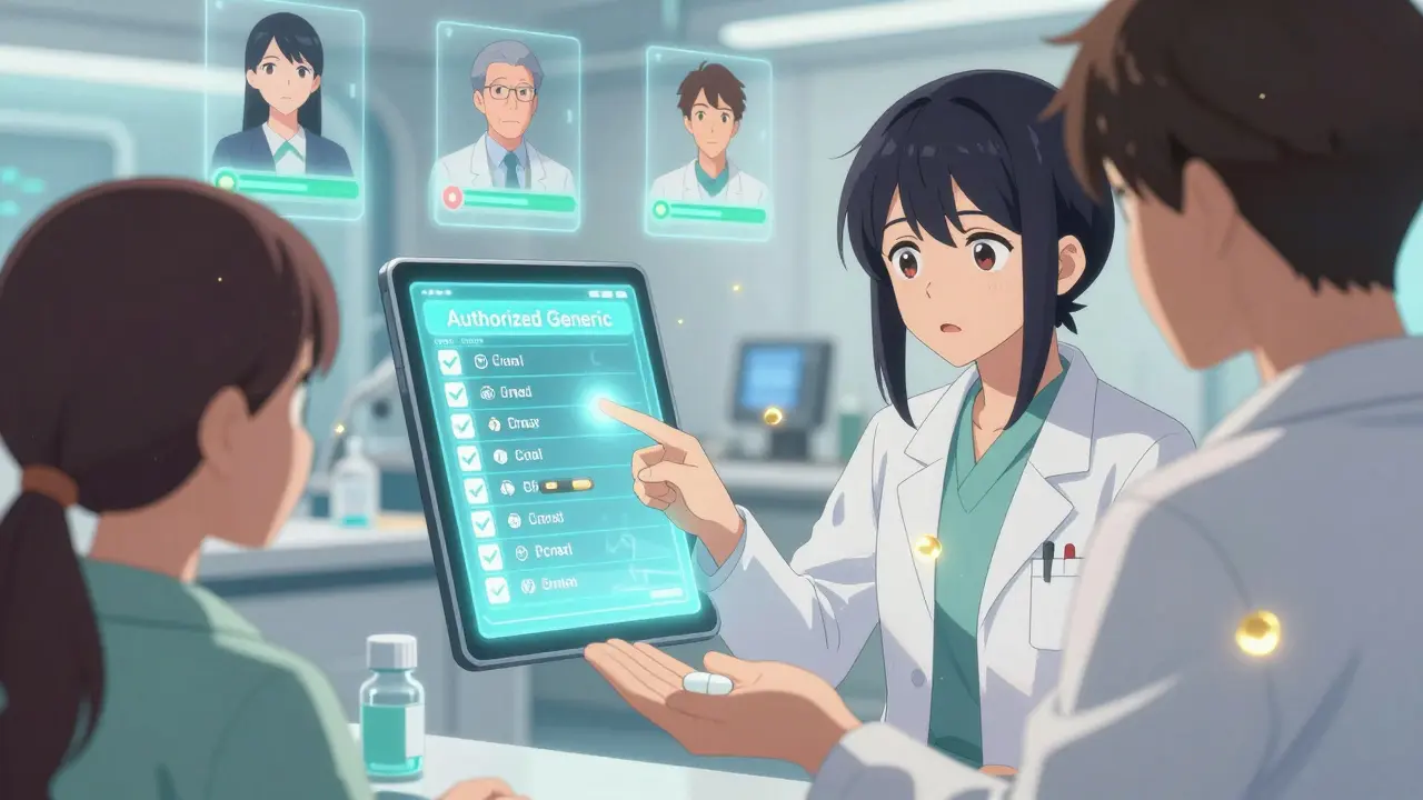 A pharmacist points to a holographic authorized generic label while a patient stares at a pill that mirrors their branded version.