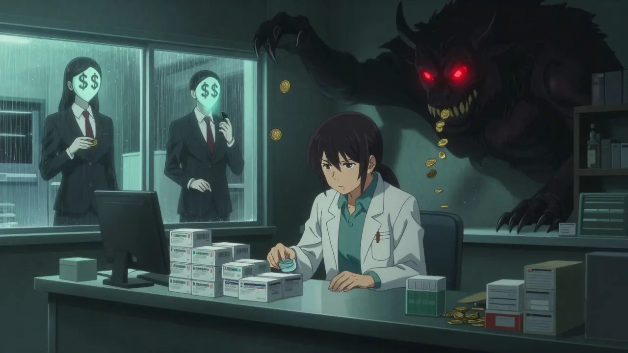 A pharmacist surrounded by empty generic boxes while PBM ghosts count money in a shadowy pharmacy.