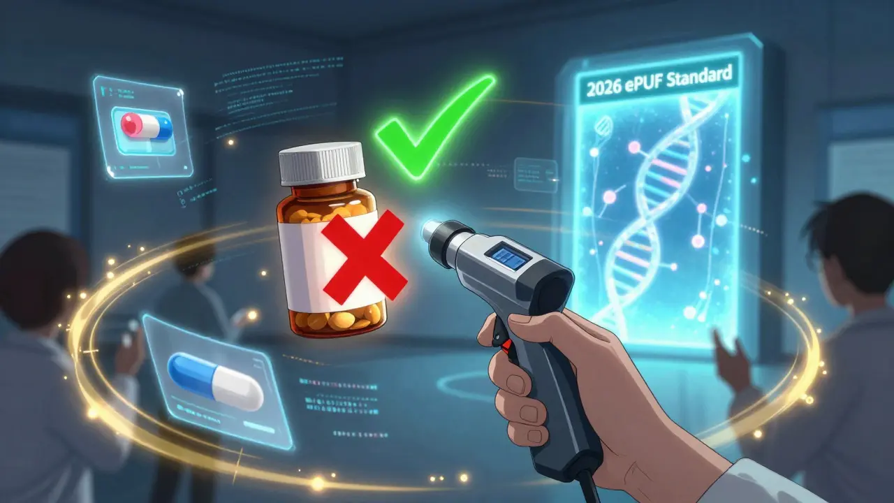 A pharmacist using a device to verify medication, green checkmark over real drug, red X over fake, with holograms.