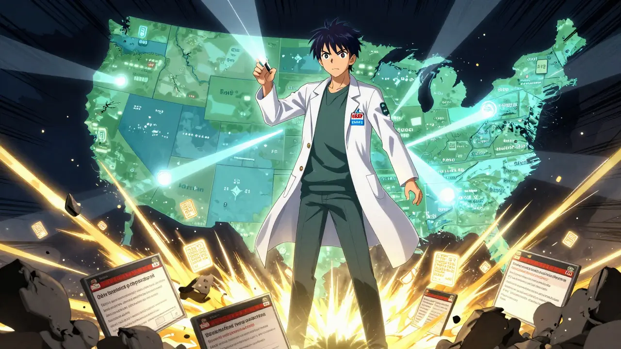 A pharmacy technician activates real-time license verification across all U.S. states in manga style.